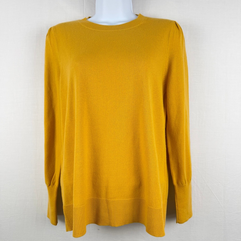 LOFT Mustard Yellow Puff Sleeve Crew Neck Knit Sweater Womens LP Petite
